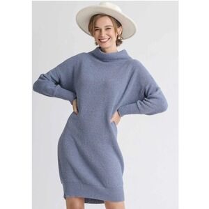 Umgee Mock Neck Ribbed Knit Sweater Dress Dusty Blue Size S
